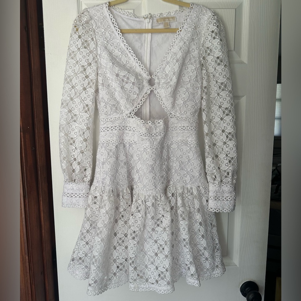 Michael Kors White Maxi Tiered Dress with Long Bishop Sleeves